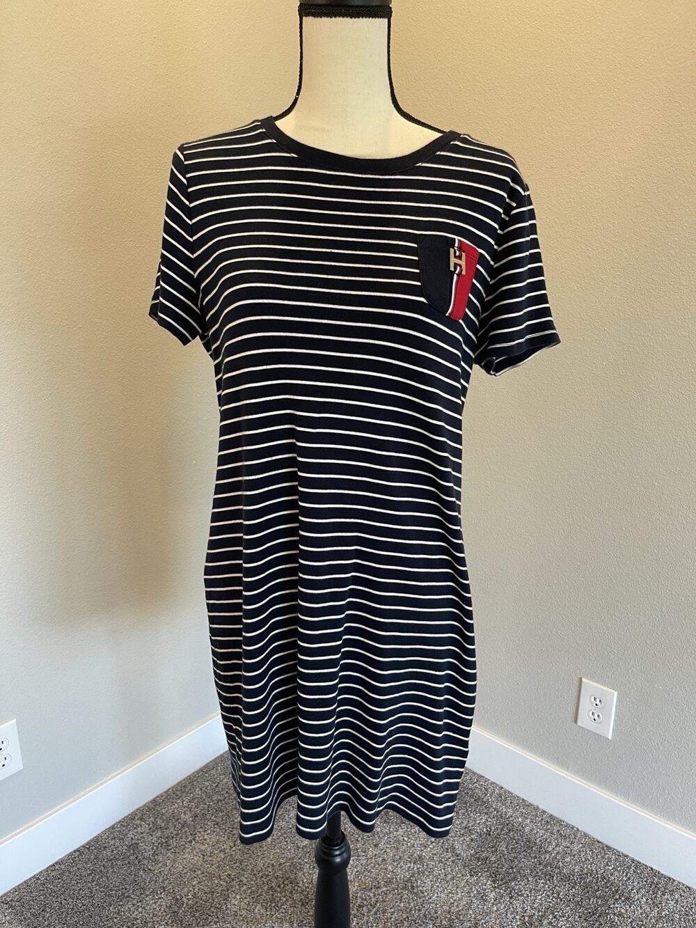 Tommy Hilfiger Women's Logo T-shirt Dress Blue White Striped Size Large